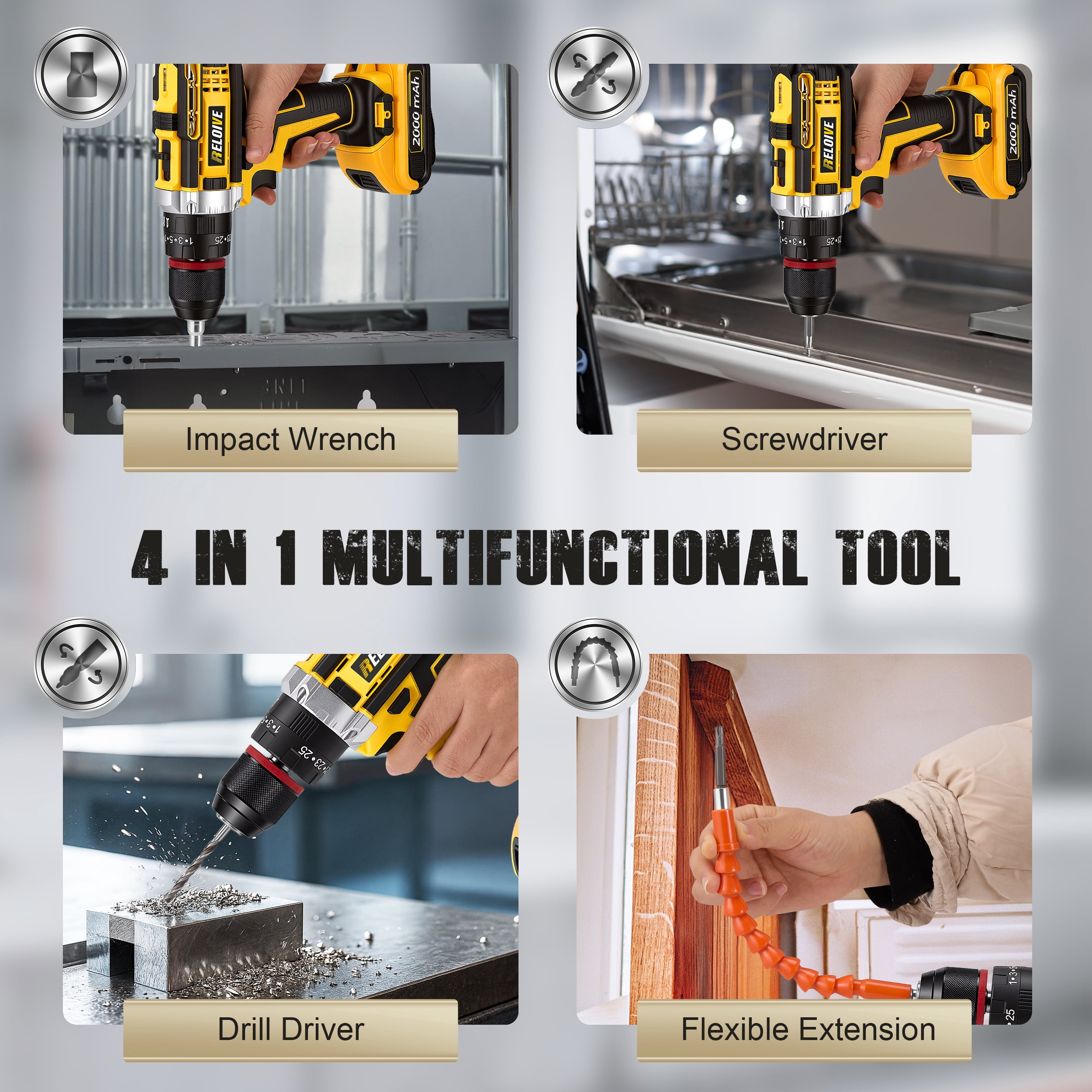 RELOIVE 21V Cordless Drill Driver,Power Drill Set with 2×2000mAh Batteries,4-in-1 Function,45N.m Max Torque,3/8" Keyless Chuck, 25+3 Position