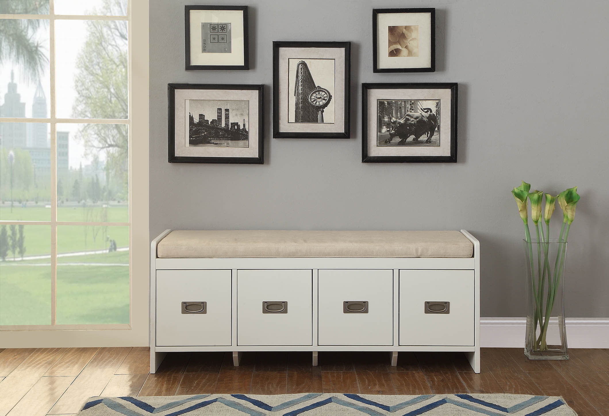 Wooden Bench with Fabric Upholstered Seat and 4 Drawers, White