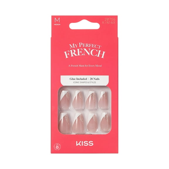 KISS My Perfect French Press on Nails, 4EVER, White, Medium Coffin, 28 Count