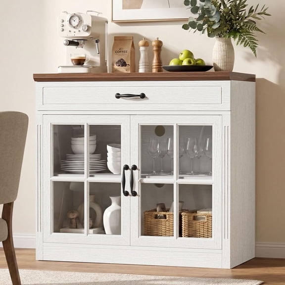 Toogaho Coffee Bar Cabinet,30''H Farmhouse Buffet Sideboard with Drawer & Adjustable Shelf for Kitchen Dining Room Entryway,White