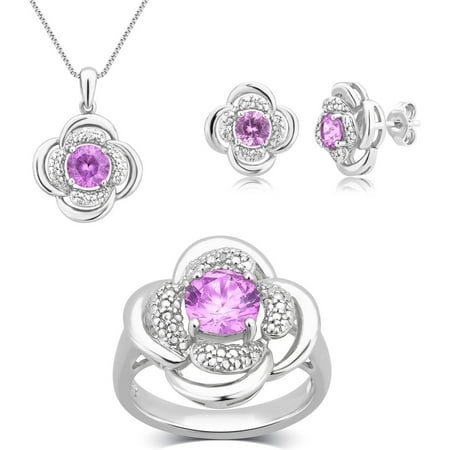 Round White Diamond Accent and Created Pink Sapphire Silver-Tone Ring, Earrings and Pendant Set, 18