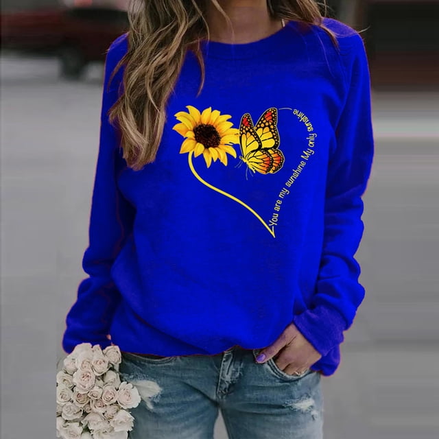 Meichang Sweatshirts pour Femmes Col Rond Manches Longues Décontracté Pull Tendance Graphique Floral Sweatshirts Coupe Ample