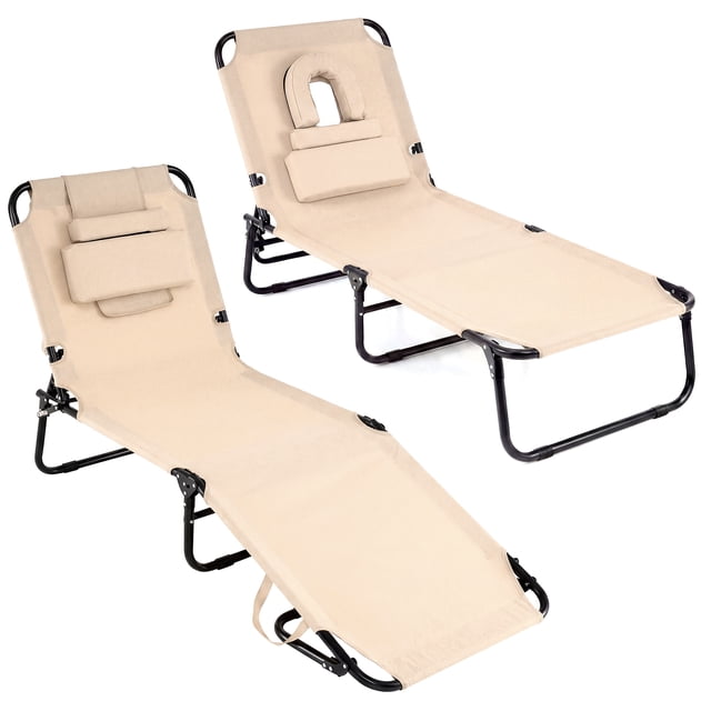 Costway 2 PCS Beach Chaise Lounge Chair with Face Hole Pillows & Adjustable Backrest