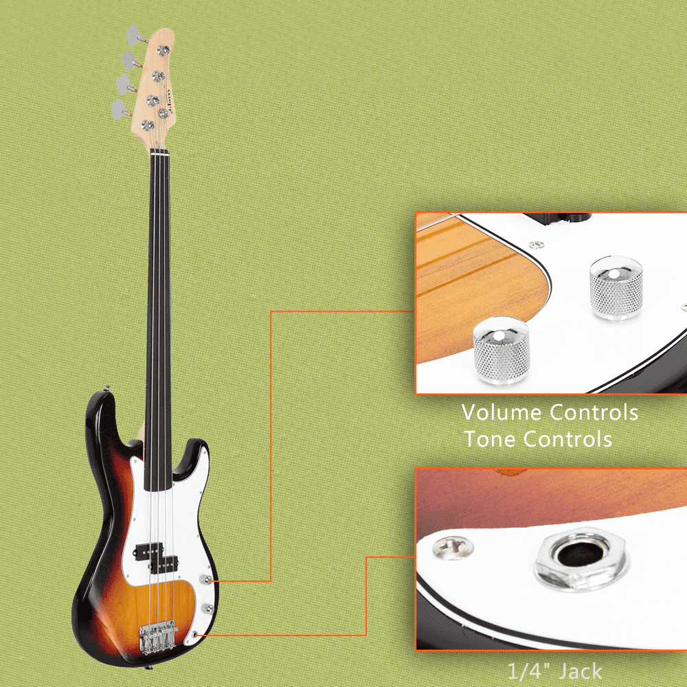 Tcbosik 4 String Fretless Electric Bass with Bag, Full Size Guitar with Strap, Plectrum and Spanner Tool for Beginner Advanced, Sunset Color