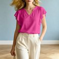 thumbnail image 4 of ClodeEU Women's V Neck Ruffle Flutter Short Sleeve Blouse,Solid Loose Casual Summer Top Hot Pink,Women's Plus M, 4 of 5