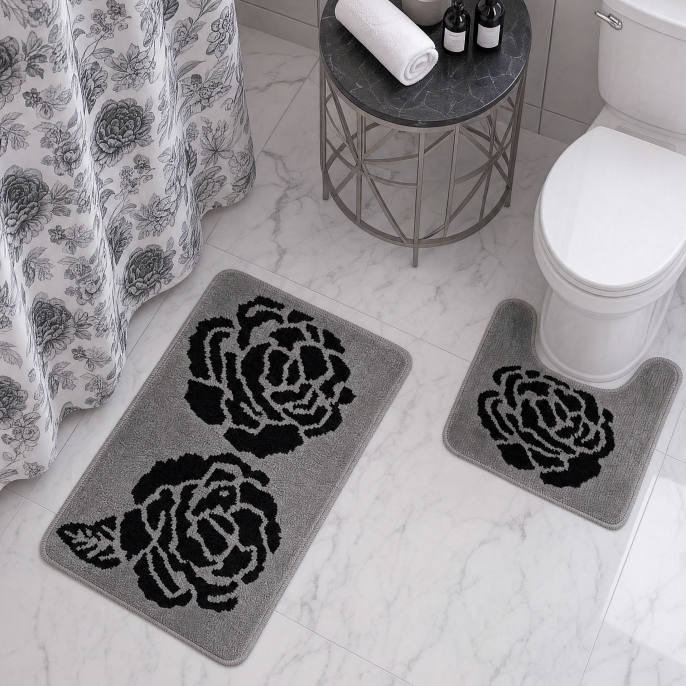 CHI Sydney Shower Curtain with Hooks and Rugs Modern Washable 72" W x 72" L 15-Piece Set
