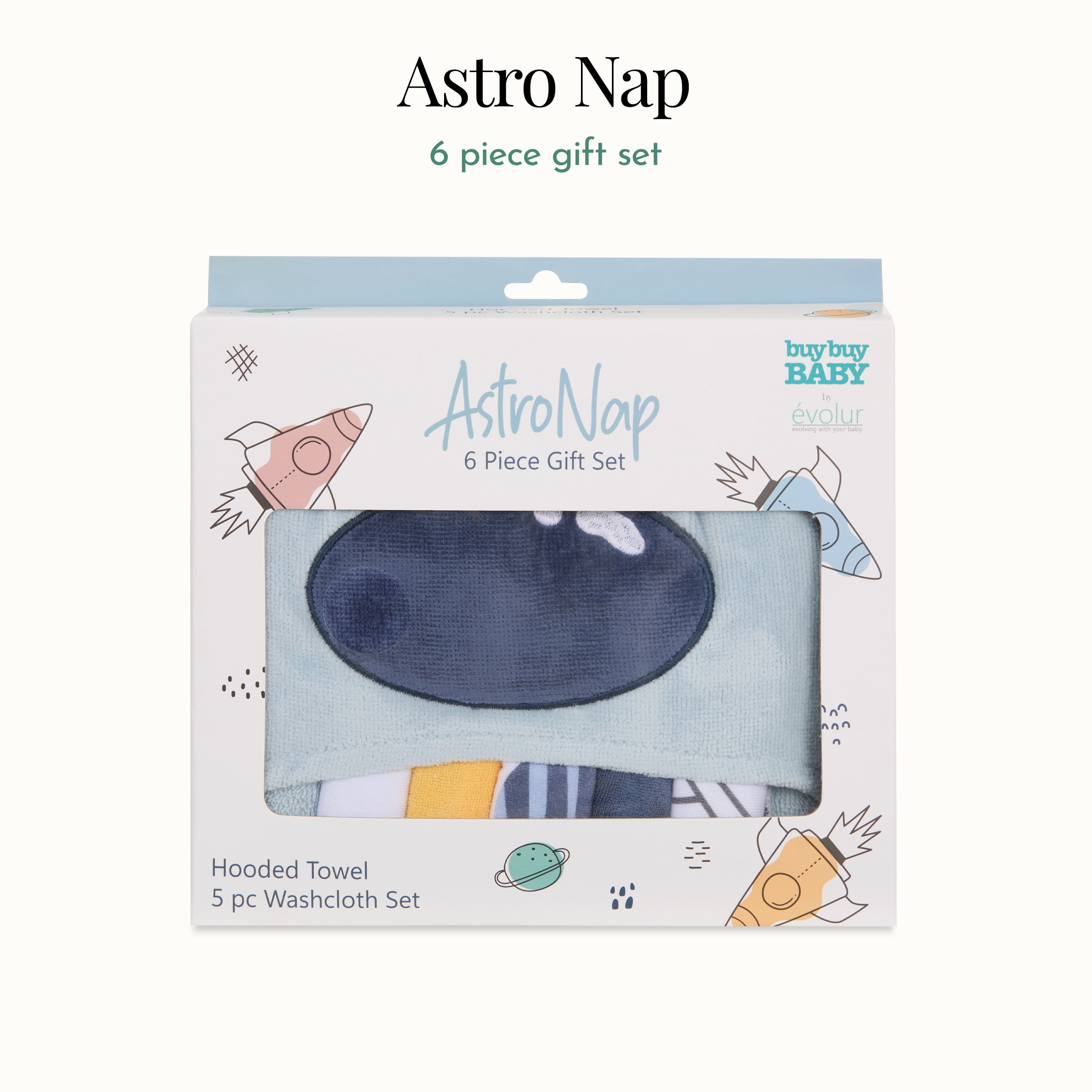 Evolur AstroNap 6 pc Gift Set - Hooded Towel & 5pc Wash Cloths, Space Print