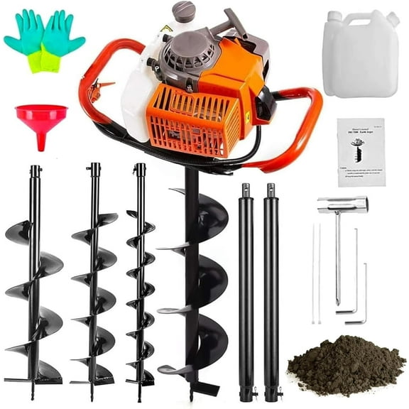 Gas Powered 72CC Post Hole Digger for Fence and Planting with 3 Auger Drill Bits (3" 5" & 8")   2 Extension Rods（24" & 24"）, for Farm Garden Plant Earth Auger Drill Bits.