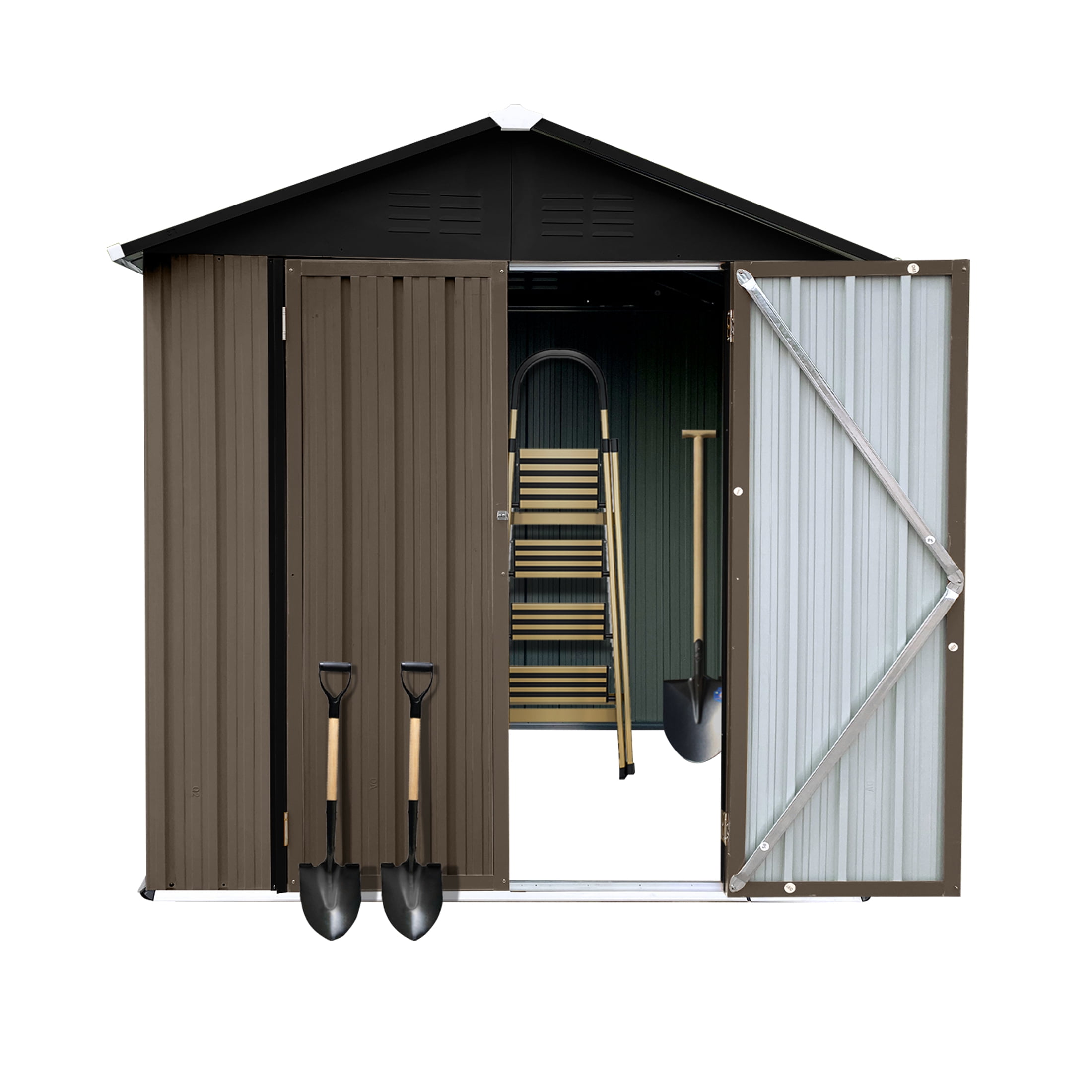 Aukfa 4' x 6' Outdoor Storage Shed, Waterproof Metal Garden Shed with Doors and Sloped Roof for Patio, Backyard, Lawn, Tool Storage, Bike Shed