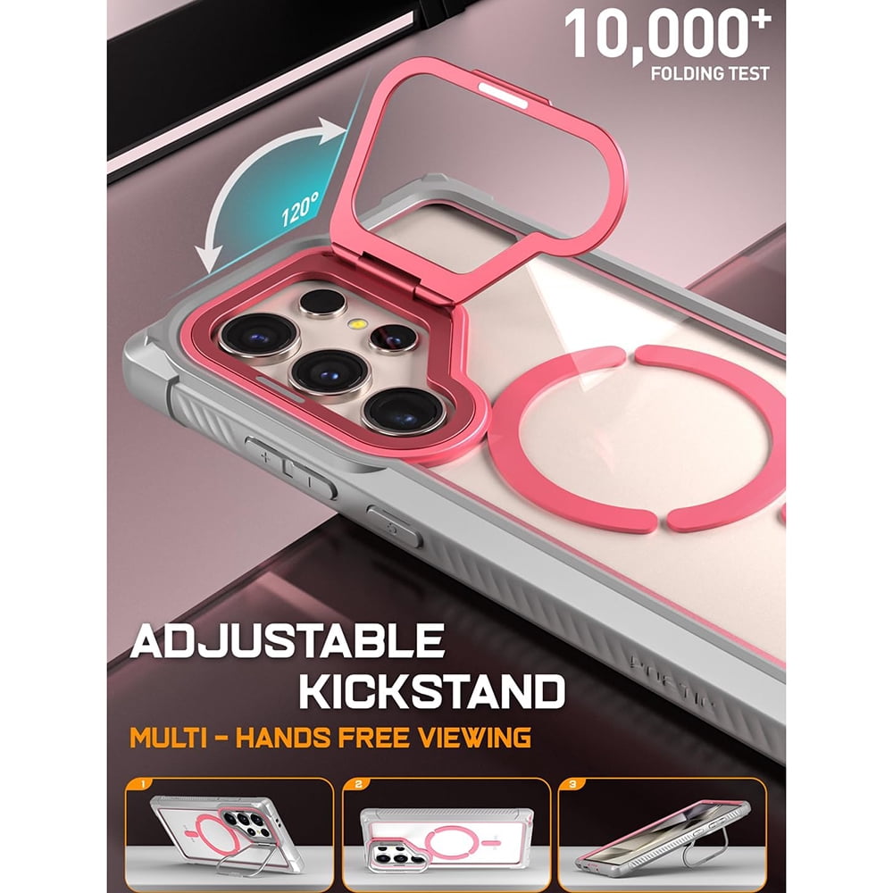 Poetic Guardian Case for Samsung Galaxy S24 Ultra 6.8", [Built-in Camera Stand] [Screen Protector Work with Fingerprint ID] Full Body Shockproof Protective Rugged Clear Cover, Pink/Clear