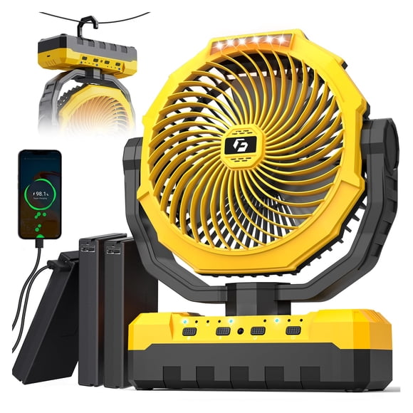 Korbot 36000mAh Portable Camping Fan - 150HRS Rechargeable Fan with Detachable Battery with LED & Remote - 4 Speeds Battery Powered for Tent,Travel, O