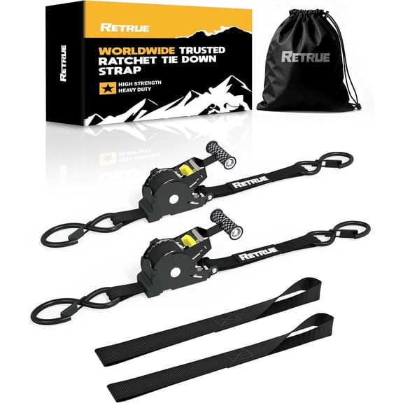 RETRUE Heavy Duty Self-Retracting Ratchet Straps, 10 Feet Retractable Ratchet Tie Down Straps 1,500lb Break Strength for Trailers, Motorcycles, ATVs, Moving, Cargo Handling & More, Black (2 Pack)