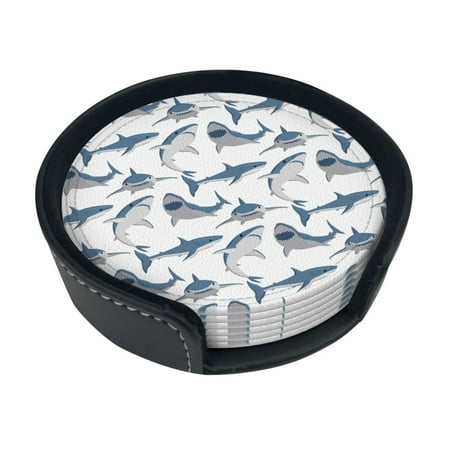 

Round Pu Leather Coaster Shark Heat - Resistant Beverage Cup Mat-Fancy Decor For Kitchen Office Dining Room Table - Drink Protector 6-Slice
