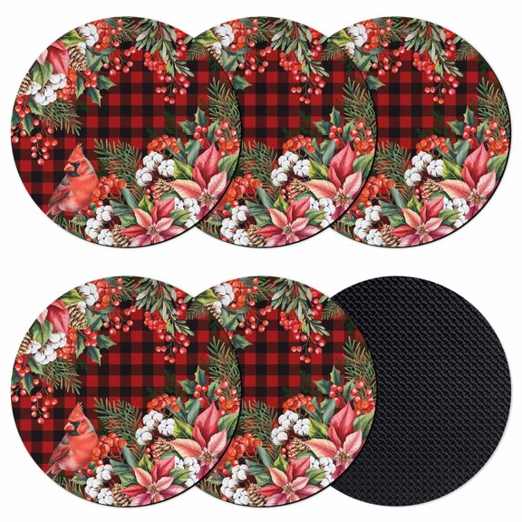 Cardinal Bird Coasters Set of 6, Absorbent Coasters for Drinks, Poinsettia Pine Cones Berry Flowers Red Plaid Coaster for Desk Coffee Table Protection, Home Decor House Warming Gifts 4"