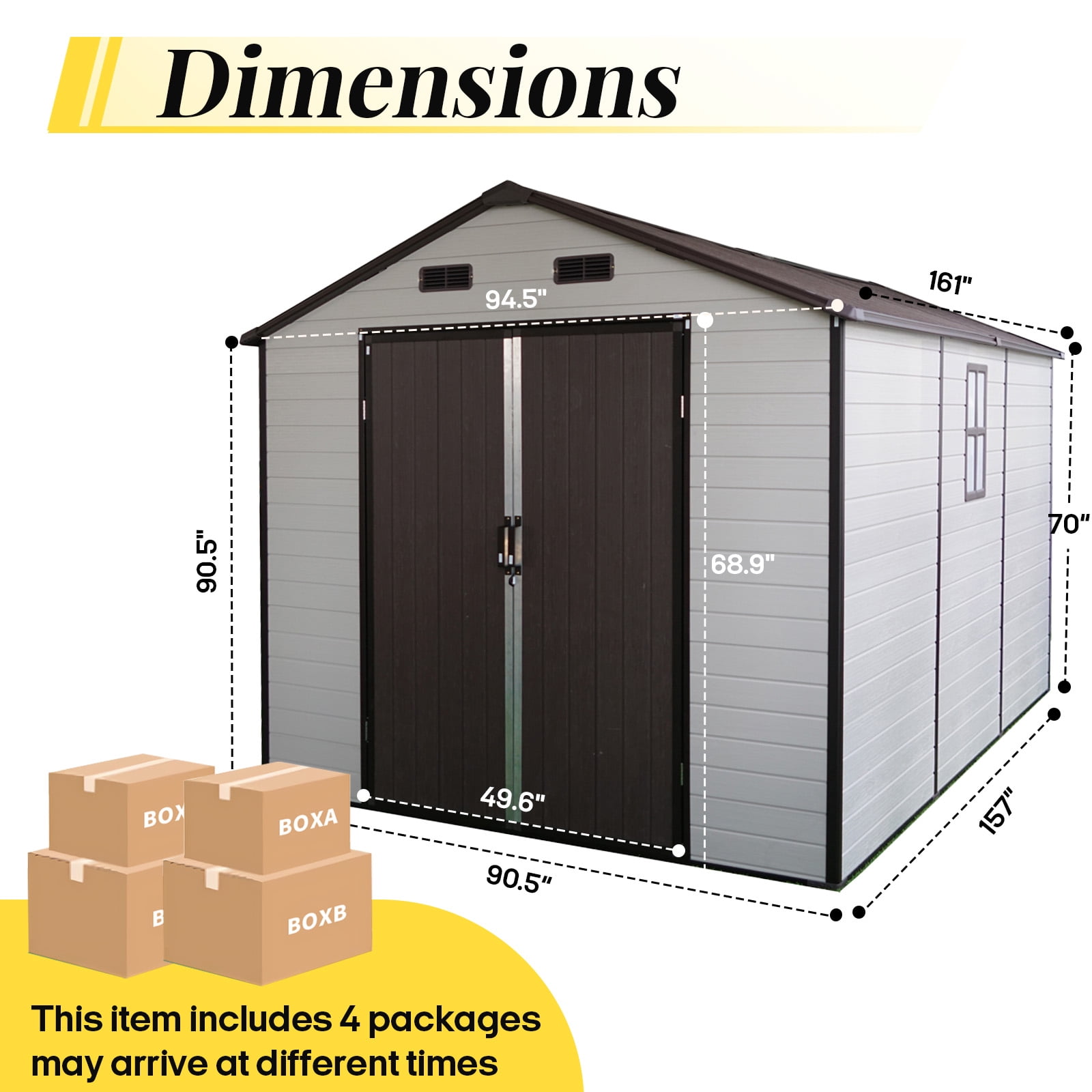 8x14 FT Resin Storage Shed with Floor, Lockable Outdoor Storage Shed with Ventilation Windows, Aluminum Frame Garden Tool Storage for Backyard Patio Lawn, All-Weather Use Brown White