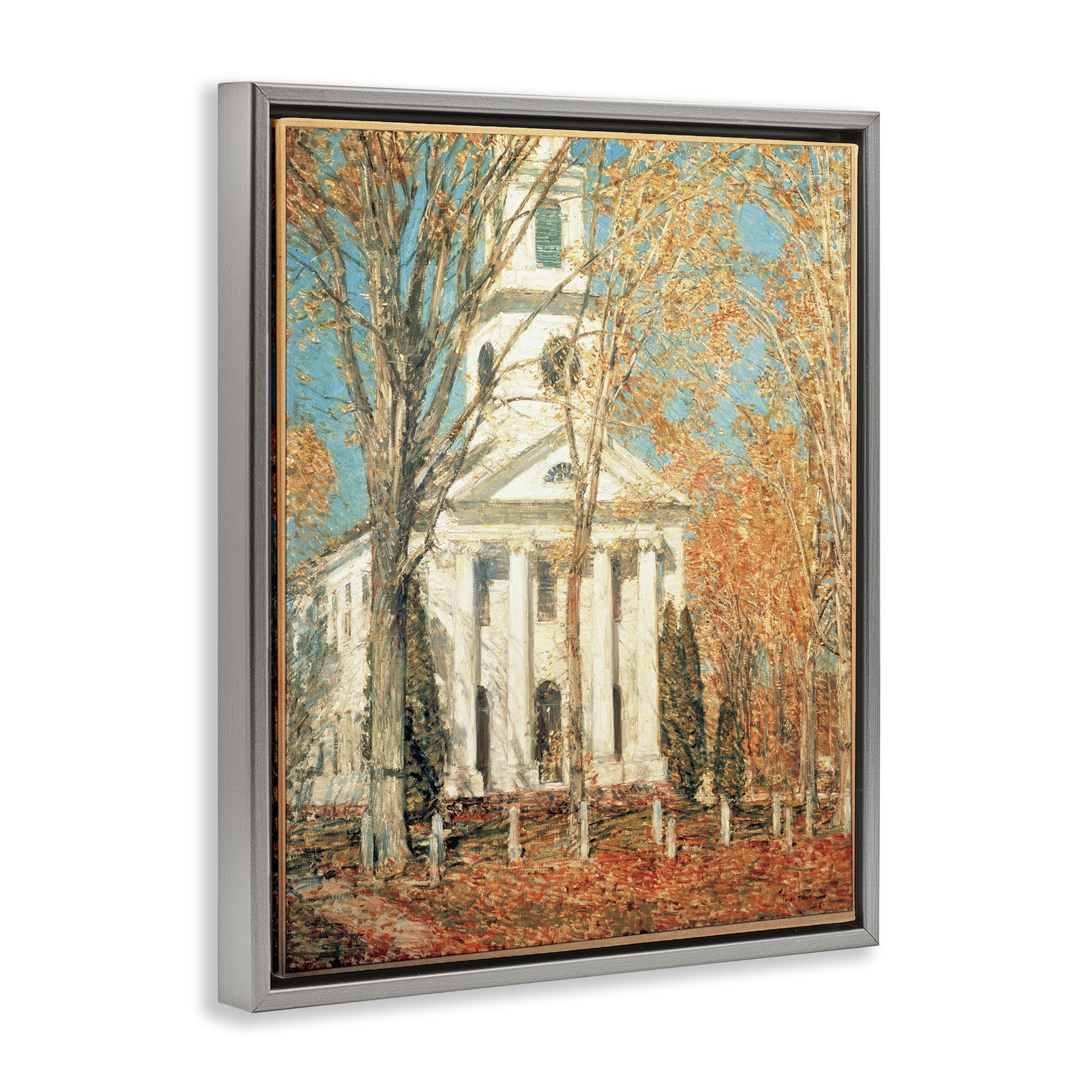 Stupell Industries Classic Church At Old Lyme Buildings & Architecture Painting Gray Floater Framed Canvas Art Print Wall Art, 17 x 21