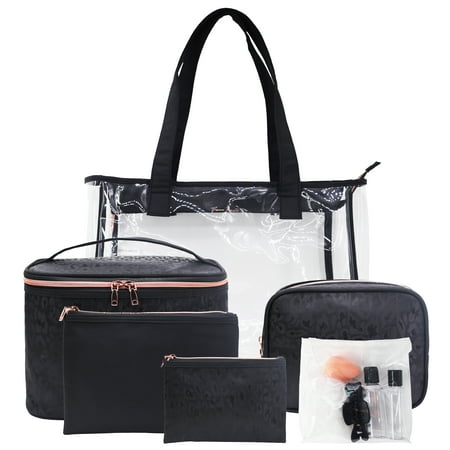 Femme Beaute, 10 Piece Tote Set for Travel, Black Leopard Jacquard