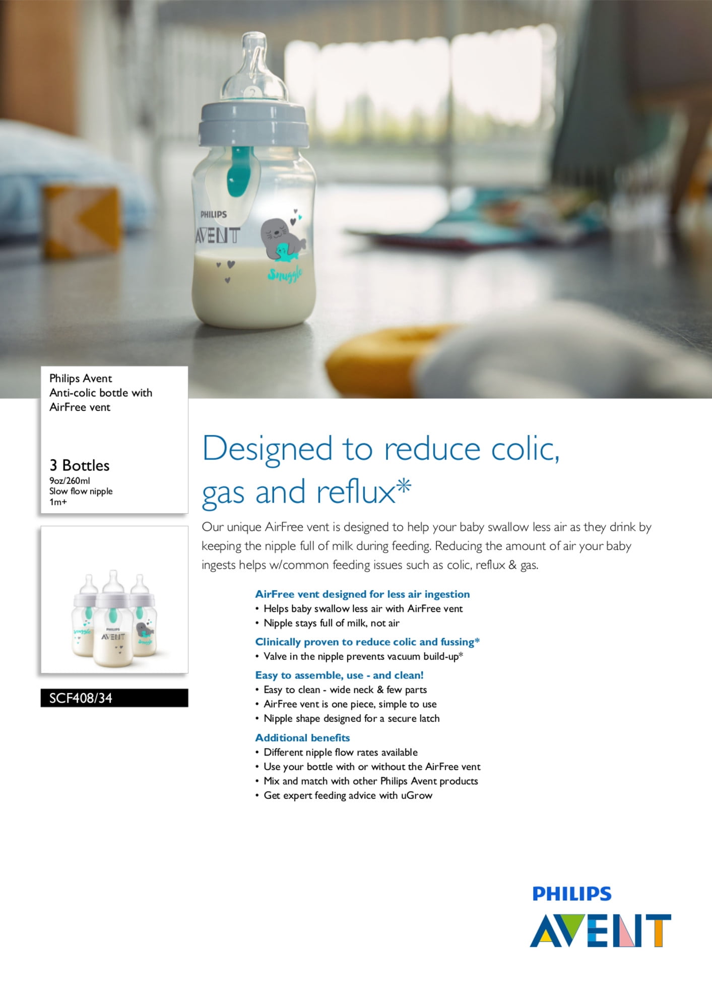 Philips Avent Anti-colic Baby Bottle with AirFree Vent with Seal Design, 9oz, 3pk, SCF408/34