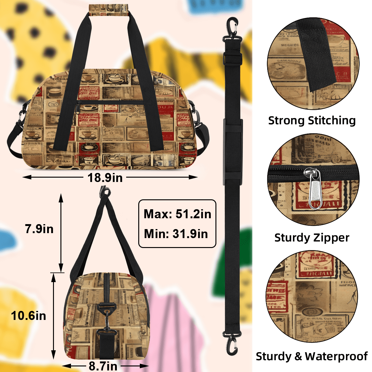 Herdesigns Sports Duffle Bags Travel Duffle Bag Gym Bag Retro Coffee Theme Weekender Travel Bag Waterproof Overnight Bag Carry On Travel Tote Bag Dance Bags