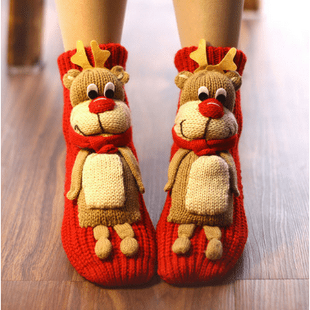 

LSFYSZD Women s Christmas Slipper Socks Soft Winter Warm Anti-Slip Knit Cartoon Animal Crew Socks