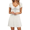 thumbnail image 2 of Karymi Plus Size Dresses Solid Ribbed Knit Mini Dress, Deep V-Neck Drawstring Bust Short Sleeve Flare Dress, A-Line Swing Dress with Lettuce Trim Maxi Dress, 2 of 8