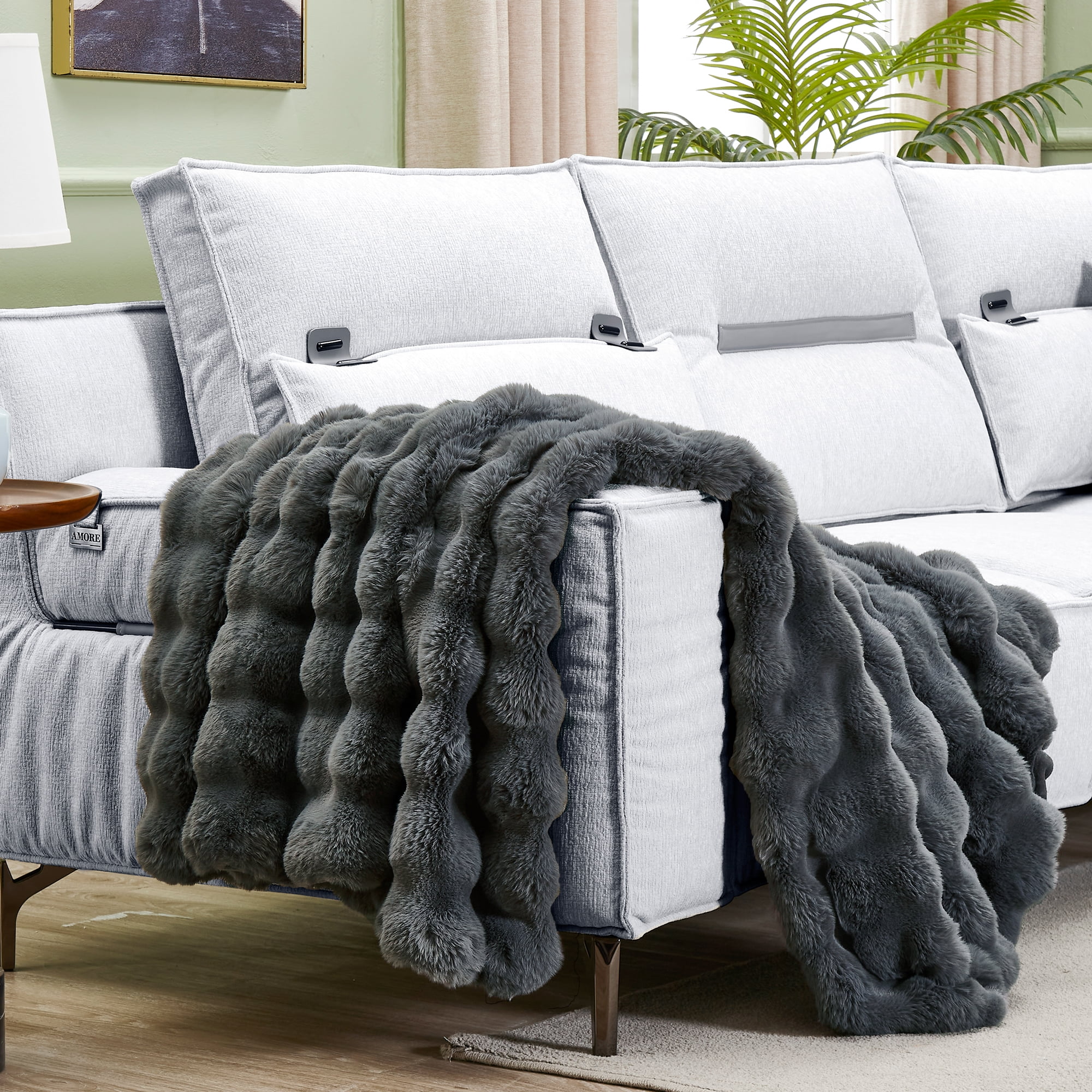 JONIYEAR Large Solid Thick Bubble Faux Rabbit Fur Bed Blanket Queen Size 80" x 90", Decorative Cute Cozy Fluffy Gray Warm Blanket for Winter, Reversible Big Luxe Fuzzy Comfy Shaggy Furry Blanket, Gre