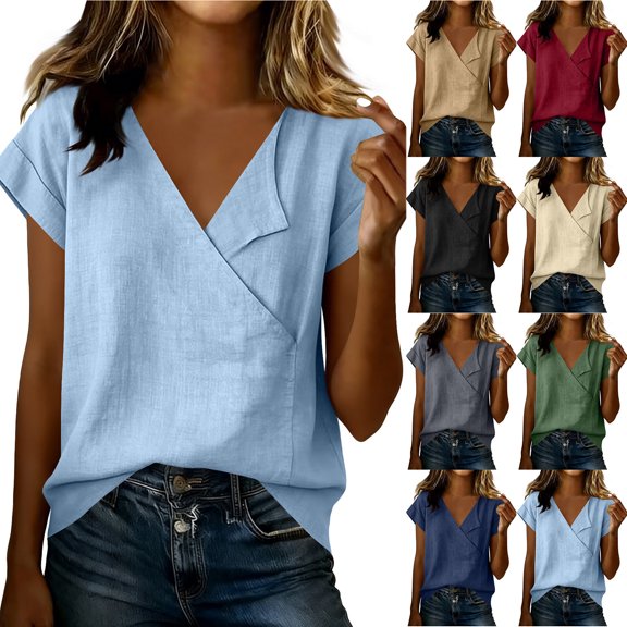 Otntypg Fashion Womens Tops Cotton Linen Summer Short Sleeve V Neck Basic Solid Color Tunic Blouse Lightweight Casual Work Business Shirts Beach Vacation Outfit Clothes Light Blue M