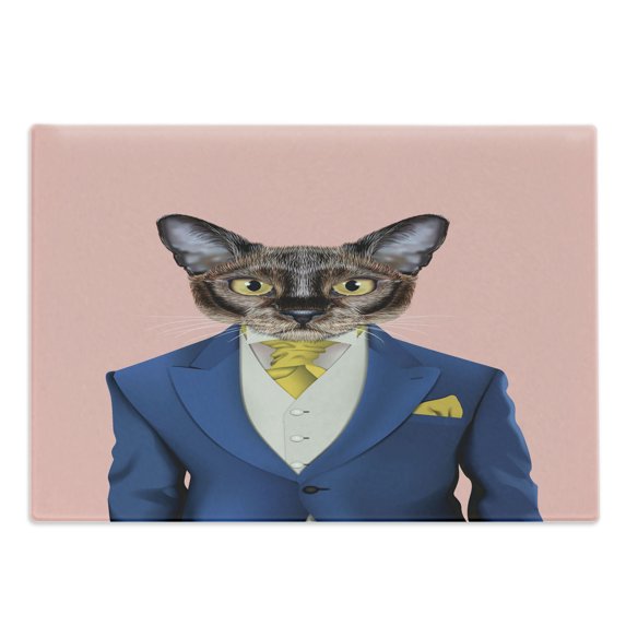 Hipster Cutting Board, Whimsical Portrait of a Cat in Cartoonish Suit with West and Yellow Tie, Decorative Tempered Glass Cutting and Serving Board, in 3 Sizes, by Ambesonne