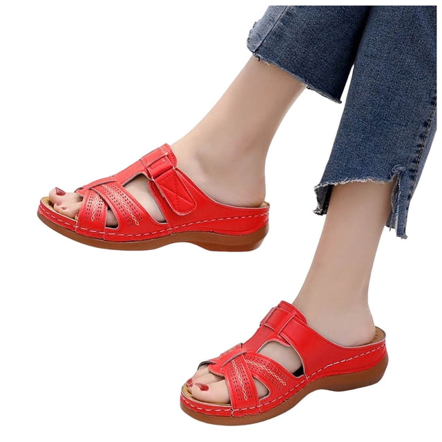 Womens Orthopedic Slippers Walking Slip on Sandals Comfortable Leather Wide Open Toe Platform Wedge Slides