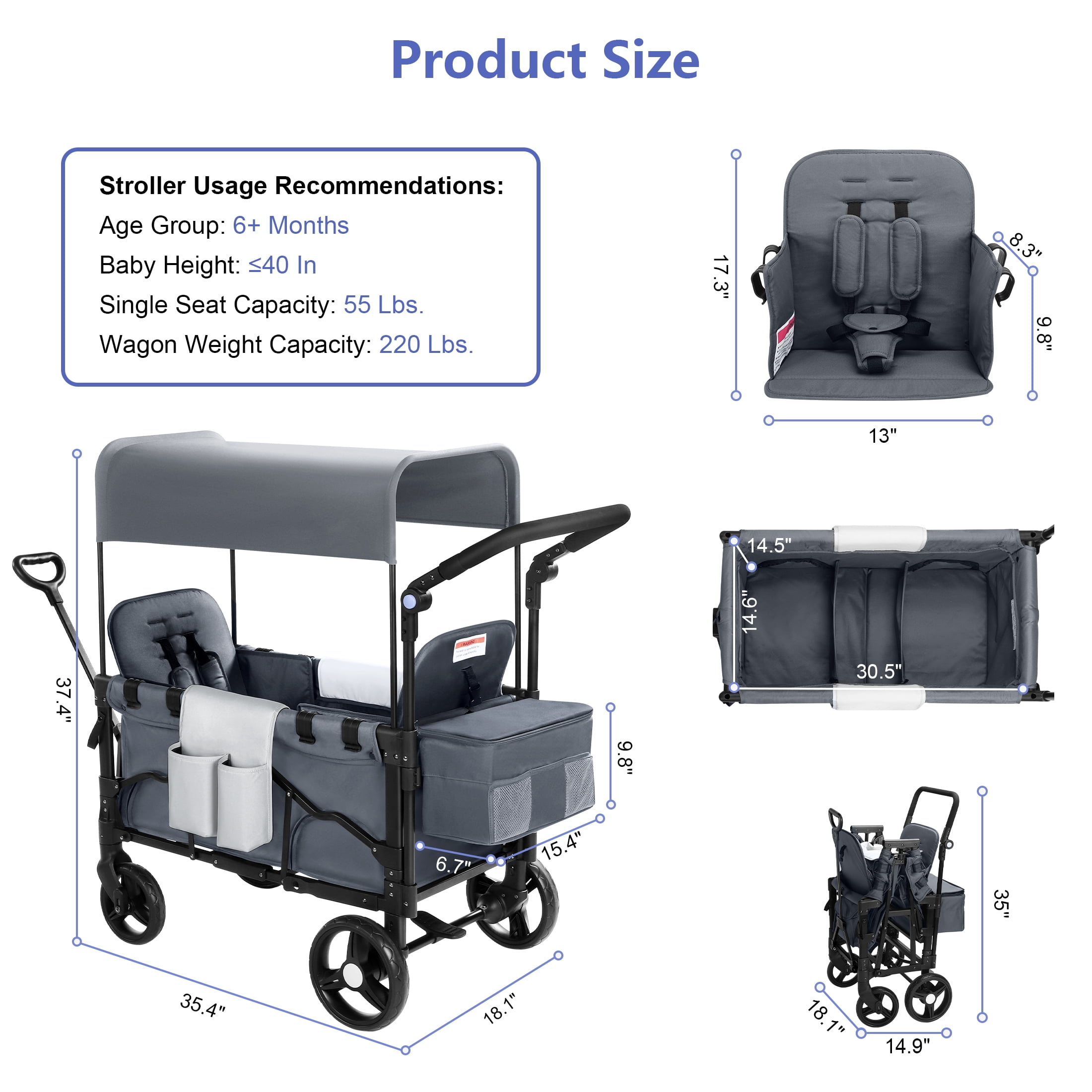 Minikid Baby Wagon Stroller for 2 Kids,Toddler Stroller With Canopy, Gray