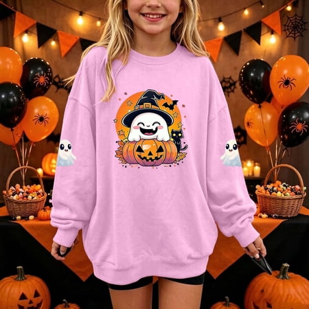 Nsxcdh Print Tops for Kids Spooky Halloween Pumpkin Art Crew Neck Long Sleeve Loose Soft Knit Pullover for After School Halloween Club Activity Gathering 13-14 Years Pink