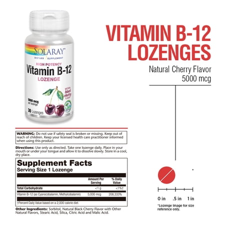 ソラレー ビタミンB-12 5,000mcg ブラックチェリー味 トローチ 30粒 Solaray Vitamin B-12 5000mcg