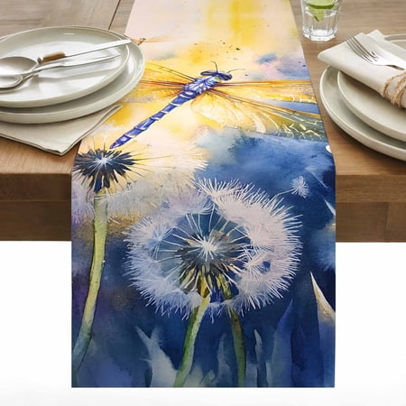 Spring Dragonfly Cotton Linen Table Runner Pastoral Dandelion Floral Dining Table Runners for Home Decor Party Dining Room Restaurant Kitchen 13 x 108