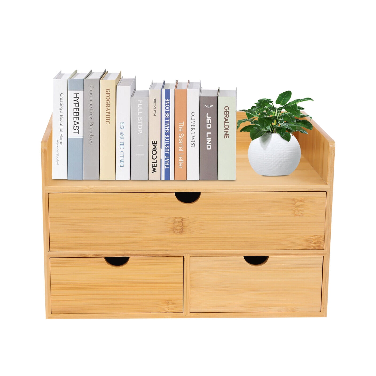 3-Tier Bamboo Shelf Organizer for Desk with 3 Drawers - Desk Storage for Office Bamboo Desk Organizer Tabletop Organizer w/3 Drawer Pen Storage Box Office Home