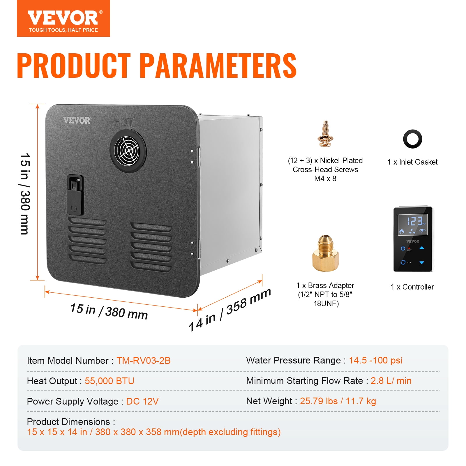 VEVOR RV Tankless Water Heater, Instant Shower with 15 x 15 inches Black Door and Remote Controller, 55000BTU Optimized Comfort Performance Hot Water, Ideal for RVers Family Everyday Use