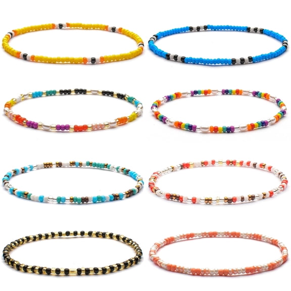XIJIN 8Pcs Elastic Beaded Anklets for Women Boho Mutilcolor Beads Ankle Bracelets Set