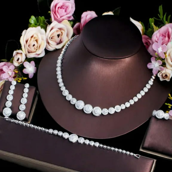 Bold Dubai Gold CZ Round Square Necklace Earrings Bracelet Ring Prom Jewelry Set