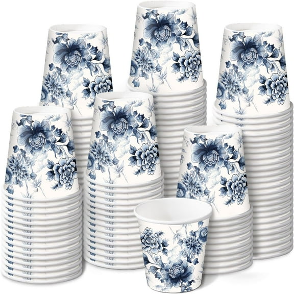 2 oz Bathroom Cups, Disposable Paper Cups - 100 Pack Set Eucalyptus Design Printed - Mini Mouthwash Rinse Paper Cups for Home, Bathroom, Picnic, Party, and Events