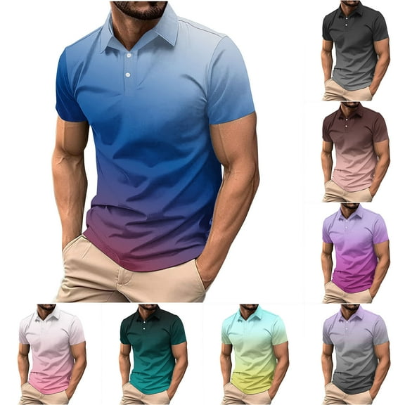 Vetsdori Short Sleeve Shirts for Men Big and Tall Pull-On Gradient Print Outdoor Collared Button up Blue Mens T-Shirts Round
