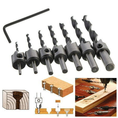 7Pcs Woodworking Countersink Drill Bits, DRILLPRO Woodworking Chamfer High-Speed Steel Countersink Drill Bits Set With One Free Hex Key