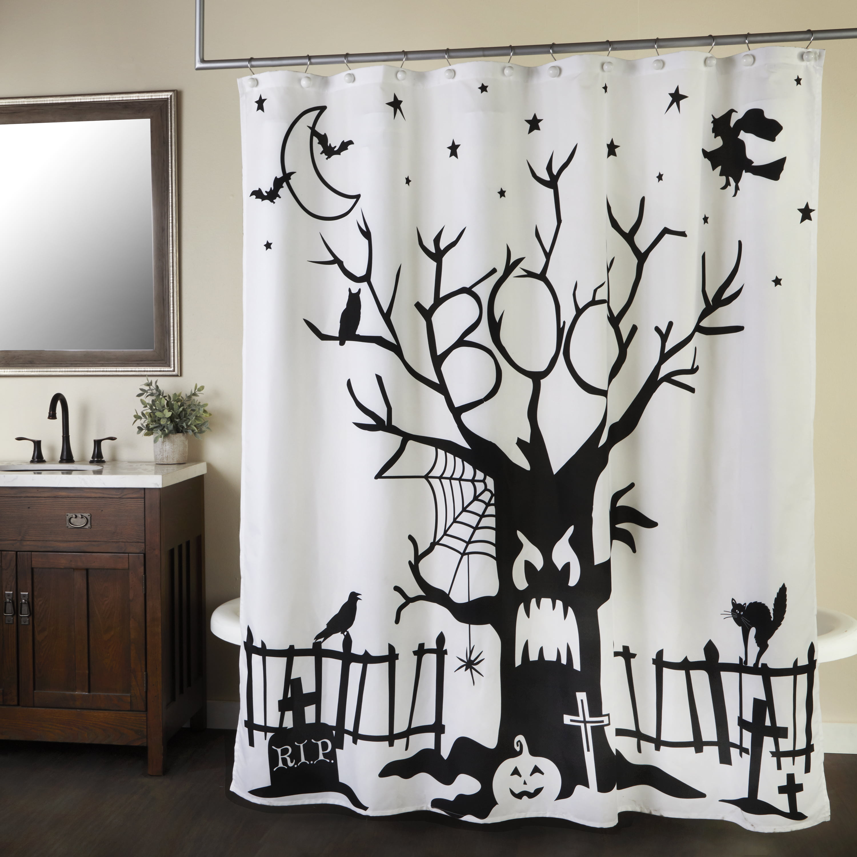 US Halloween Castle Tree Printed Shower Curtain Waterproof Shower Bathroom Xmas 