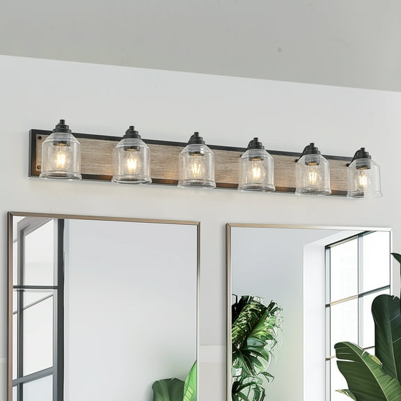 6-Light Farmhouse Bathroom Vanity Light, 48.5 Inch Rustic Wall Sconce with Wood Finish and Bubble Glass