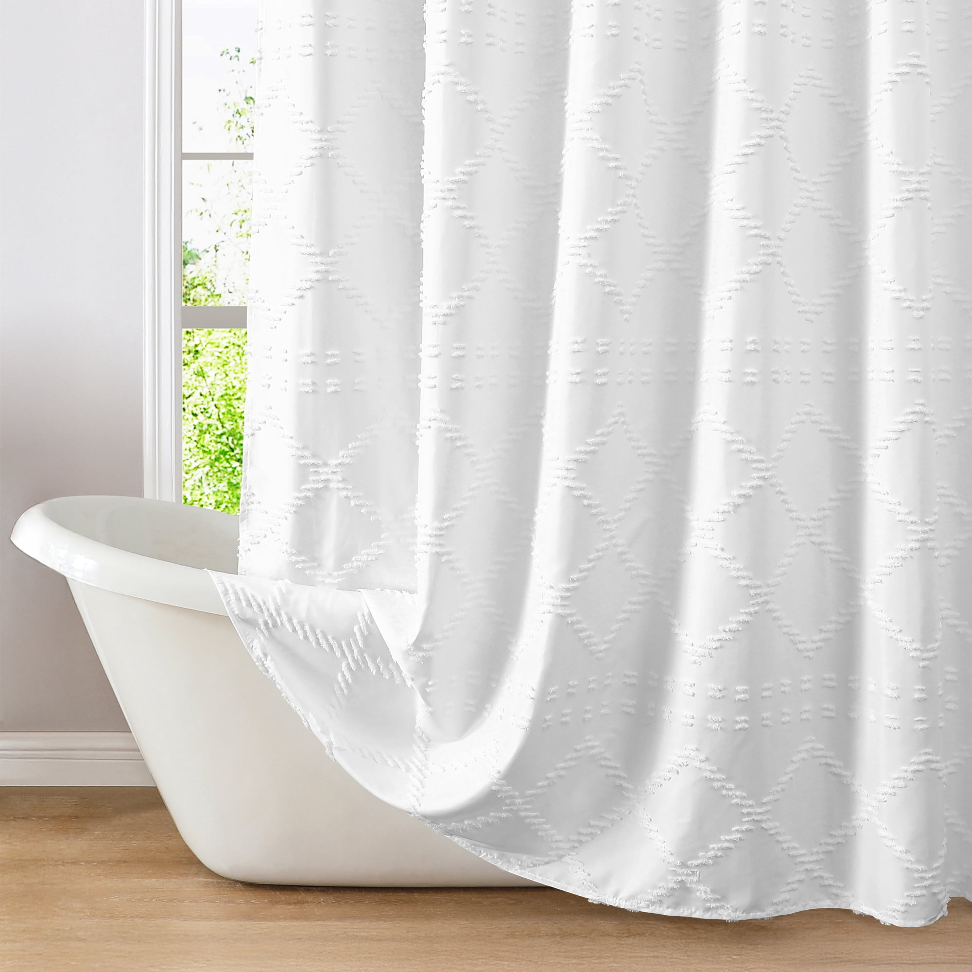 Americanflat 71x71 White Woven Shower Curtain with Tassel And Abstract Accents - Includes 12 Grommets and Hooks - 100% Polyester