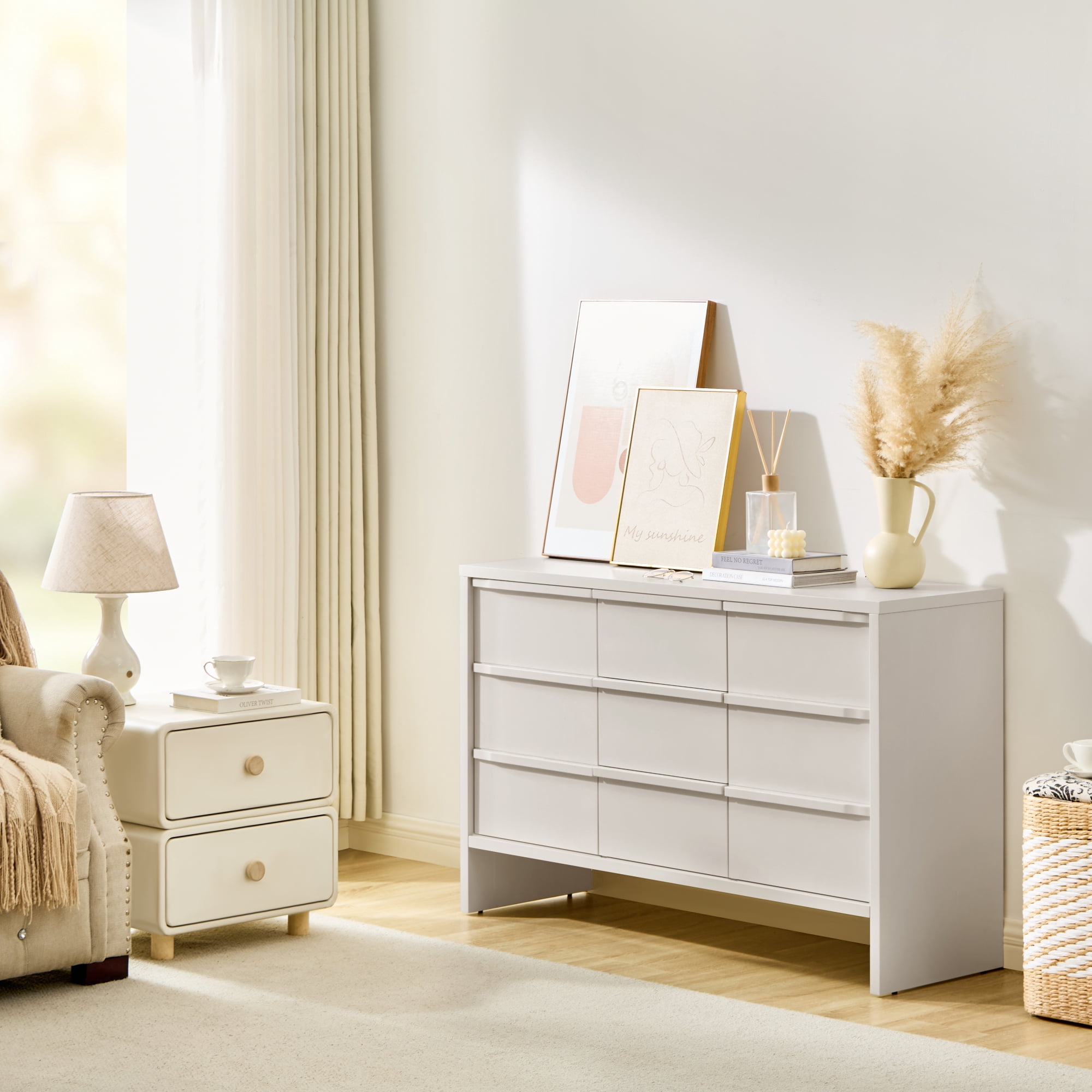 Leumius 47.3" Modern Sideboard Buffet Cabinet, Accent Console Table with 2 Doors, 3 Drawers and Solid Wood Handles, Multipurpose Storage Cabinet for Kitchen, Dining Room and Living Room White