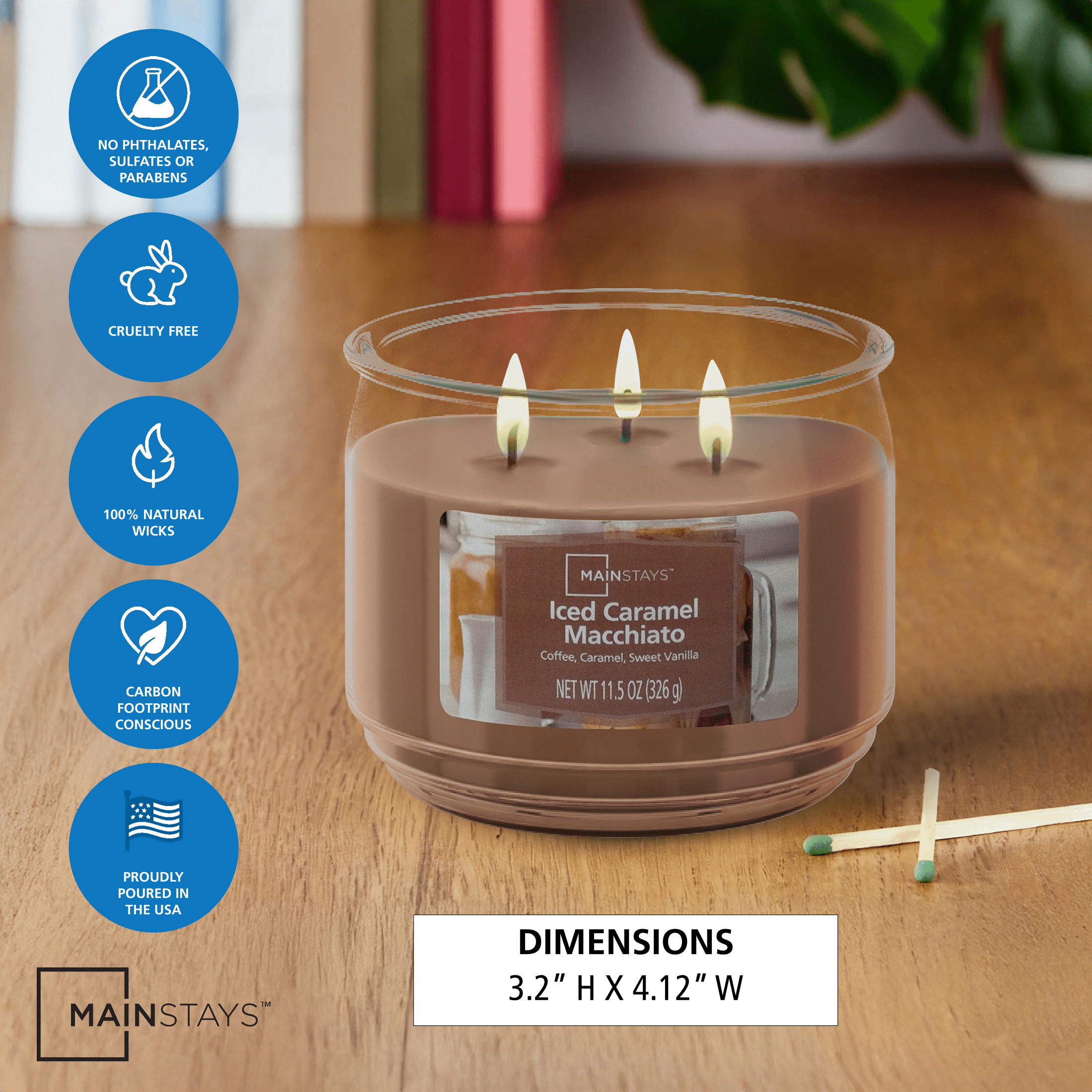 (4 pack) Mainstays 3-Wick Scented Glass Jar Candle, Iced Caramel Macchiato, 11.5oz.
