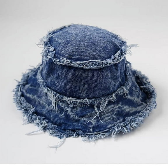 Retro Wash Frayed Denim Bucket Hat For Men Summer Beach Cap