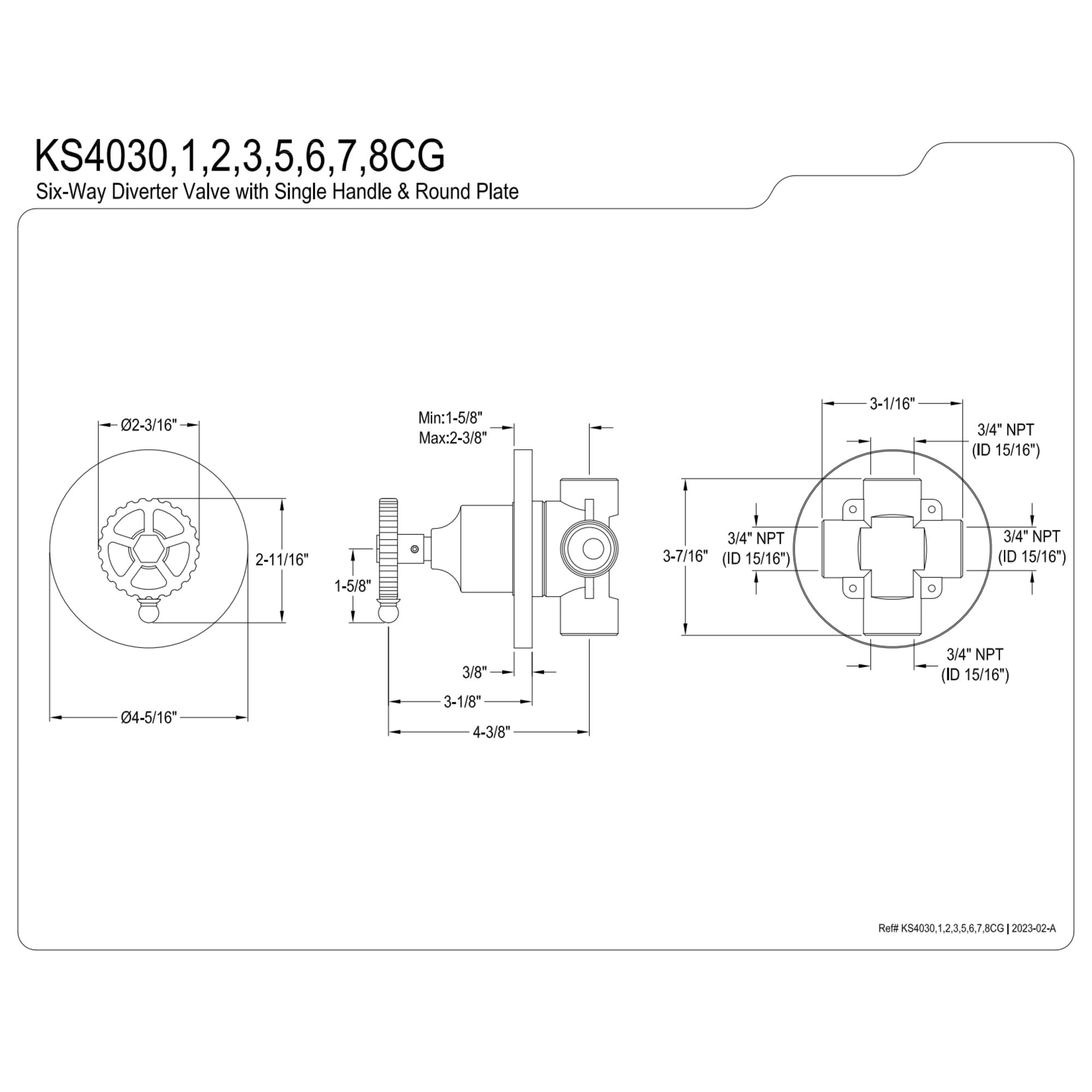 Kingston Brass KS4030CG Fuller Single-Handle Six-Way Diverter Valve with Round Trim Kit, Matte Black
