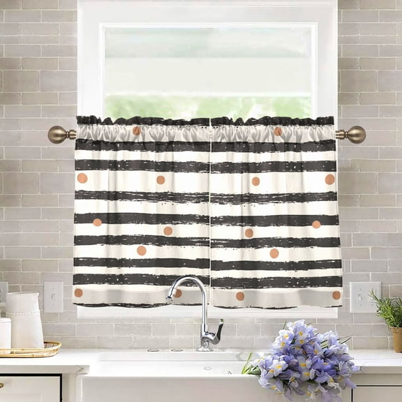 Yayeee Kitchen Curtains Tier Pair Light Filtering 27"x36" Rod Pocket Short Cafe Window Panel, Black Stripes