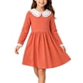 thumbnail image 2 of hotojiny Girl Long Sleeve Dress Lace Trim Collared Fall Clothes Knee Length Flowy A-Line Corduroy Dresses Children Clothes(Orange,2-3 Years), 2 of 9