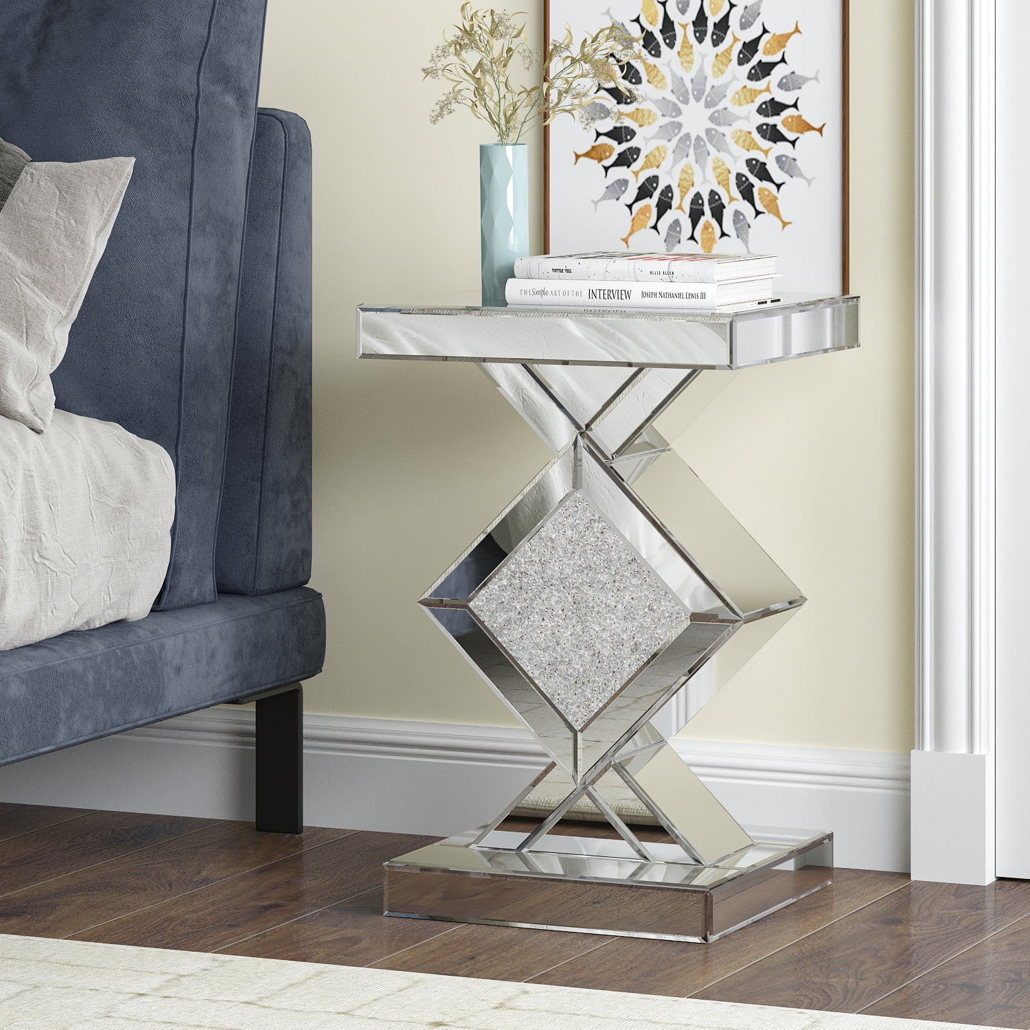 SHYFOY Mirrored End Table with Crushed Crystals Inlay, Sofa Table Modern Side Table Silver Accent Table for Living Room